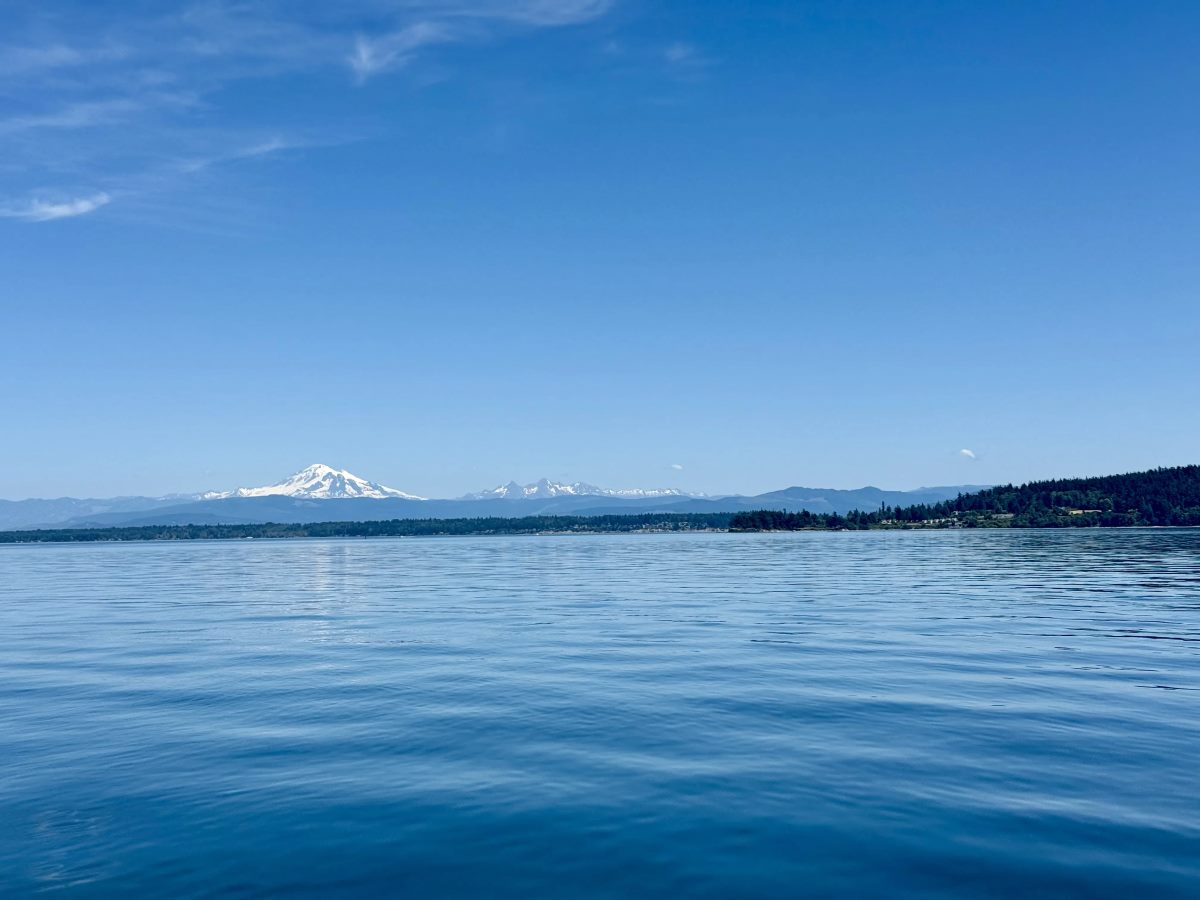 Calm summer water and distant peaks in the San Juan Islands